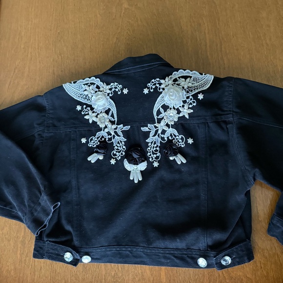 Vintage Bedazzled Denim Jacket Girl Medium 8/10 Black 90s Western Y2K Jean Bling - Picture 1 of 12